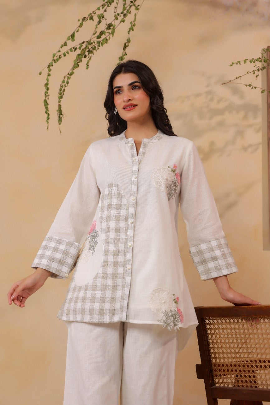Off-White Linen Checked Tunic and Trousers Co-Ord Set