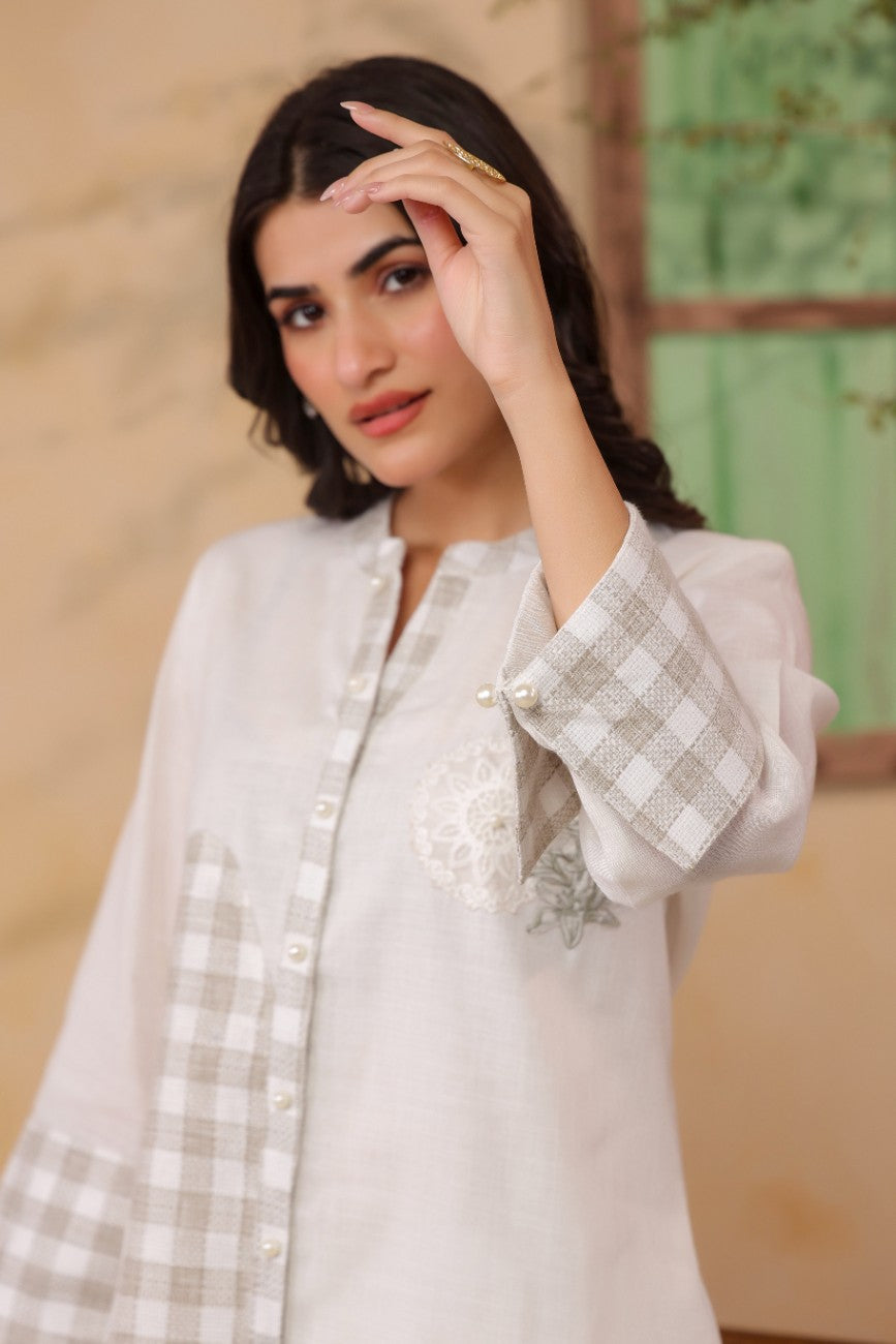 Off-White Linen Checked Tunic and Trousers Co-Ord Set
