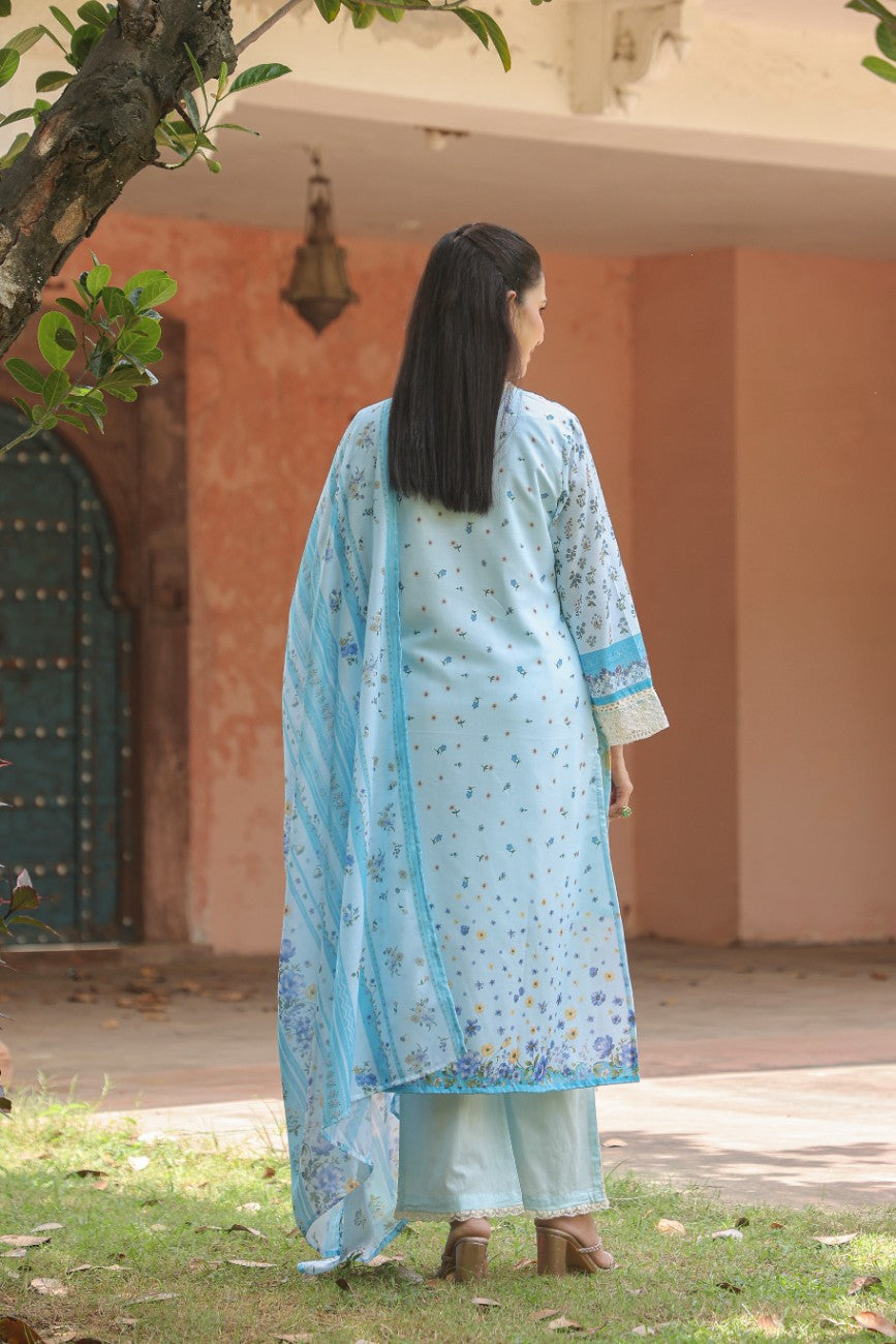 Powder Blue Floral Printed Kurta Set with Dupatta