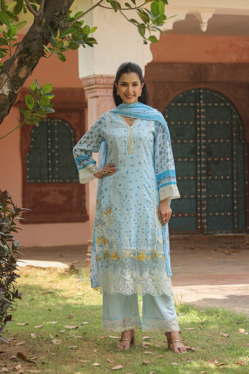 Powder Blue Floral Printed Kurta Set with Dupatta