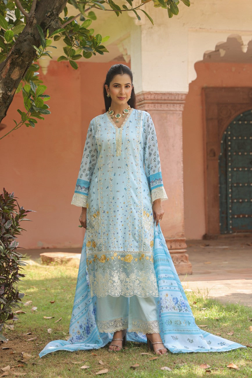 Powder Blue Floral Printed Kurta Set with Dupatta