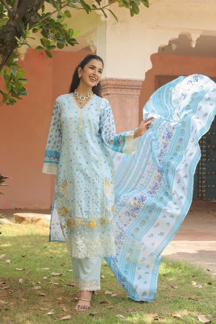 Powder Blue Floral Printed Kurta Set with Dupatta