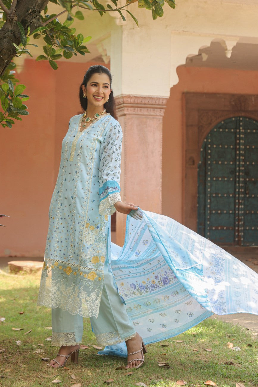 Powder Blue Floral Printed Kurta Set with Dupatta