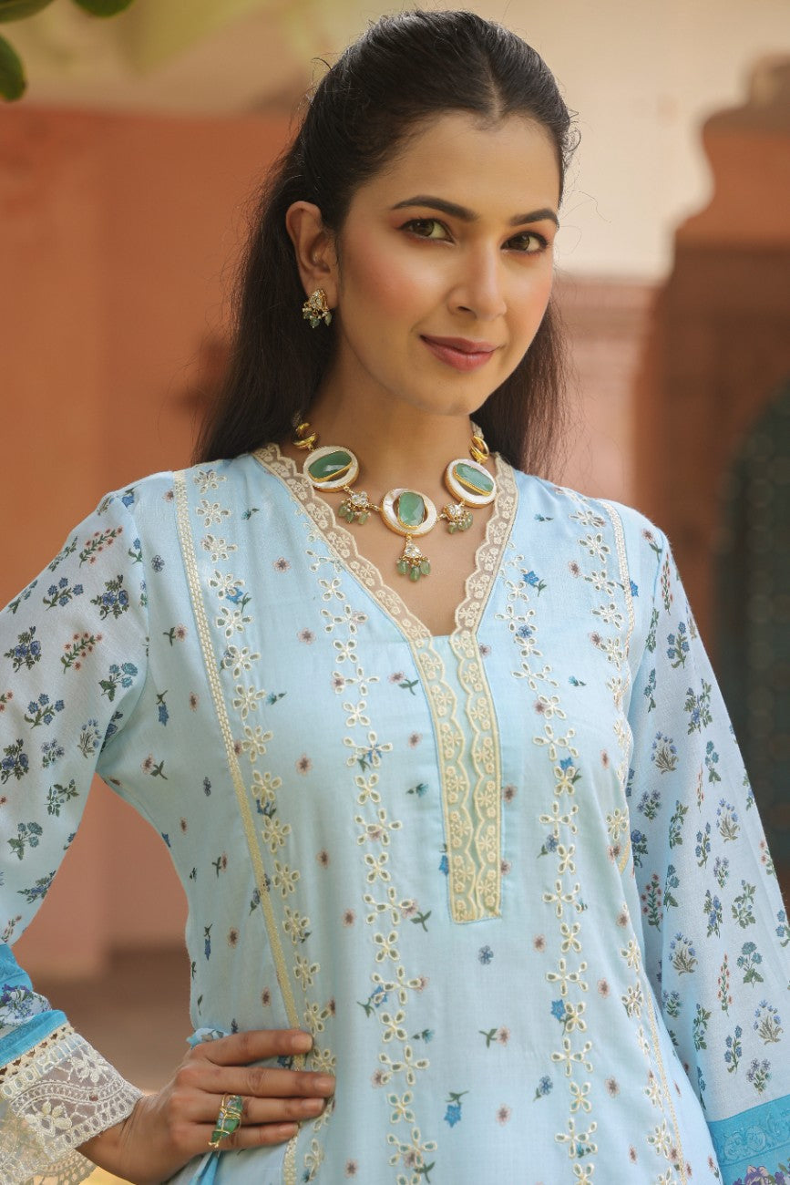 Powder Blue Floral Printed Kurta Set with Dupatta