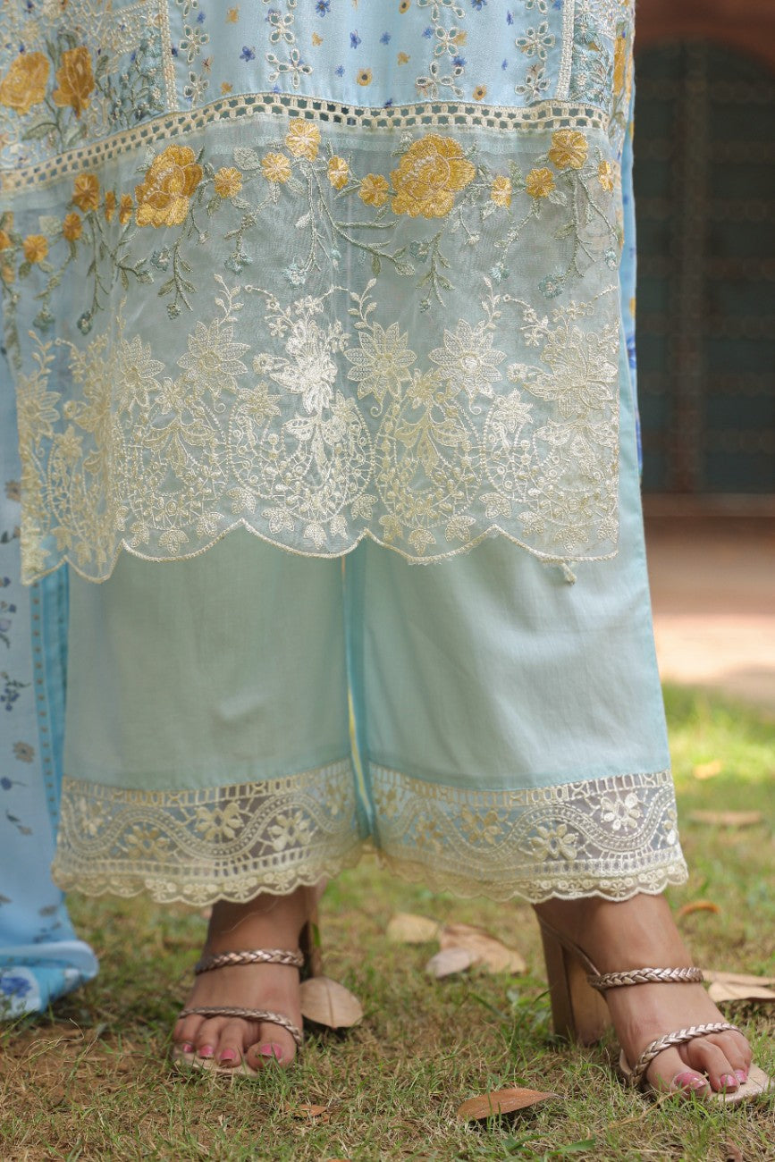 Powder Blue Floral Printed Kurta Set with Dupatta