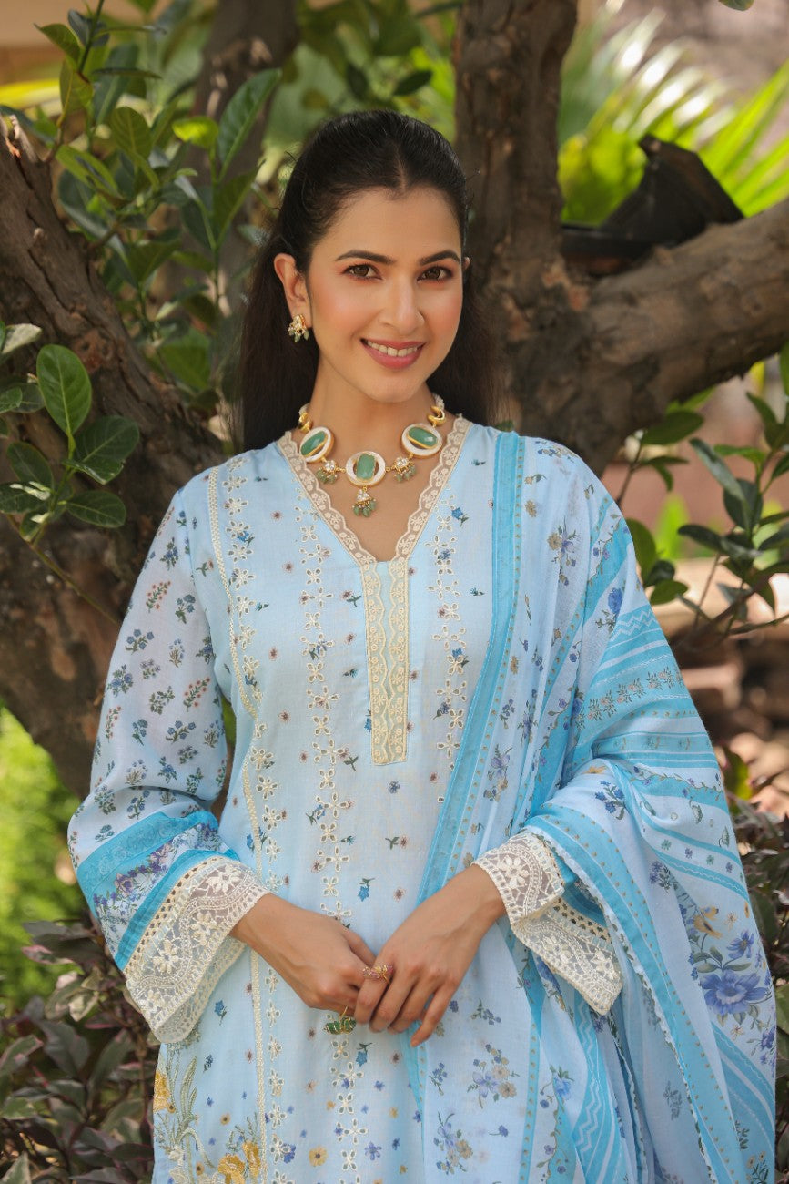 Powder Blue Floral Printed Kurta Set with Dupatta