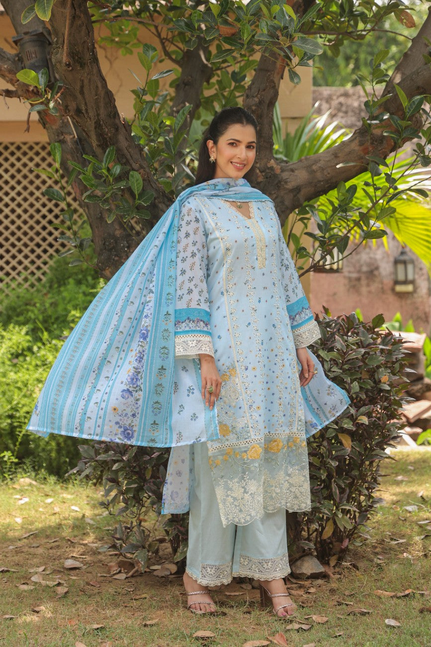 Powder Blue Floral Printed Kurta Set with Dupatta