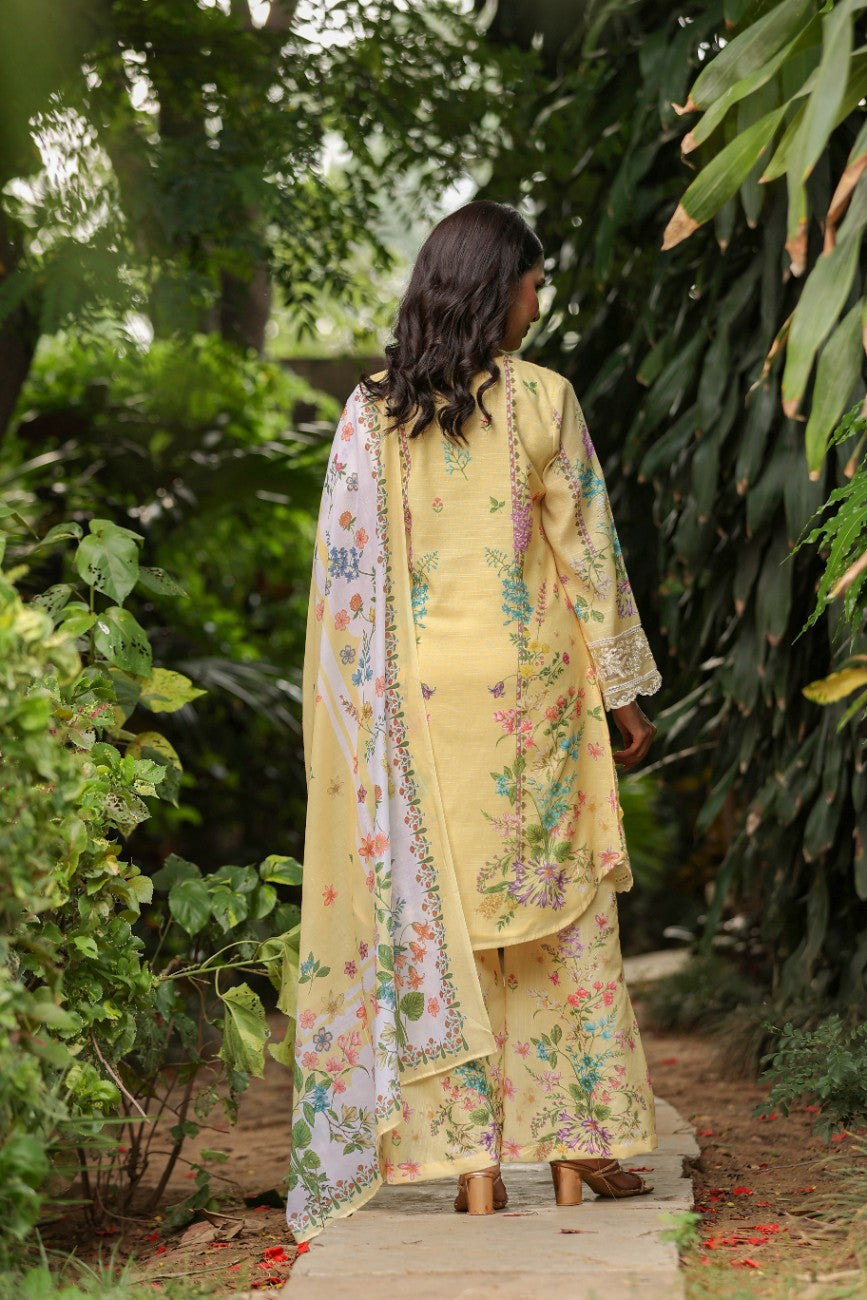 Sunshine Yellow Embroidered Floral Suit With Silk Palazzo