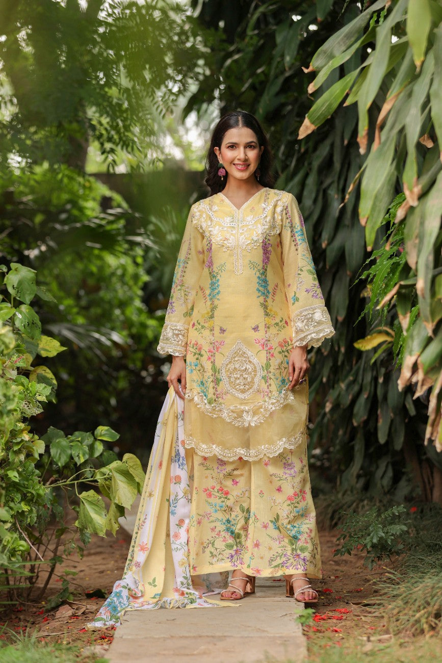 Sunshine Yellow Embroidered Floral Suit With Silk Palazzo