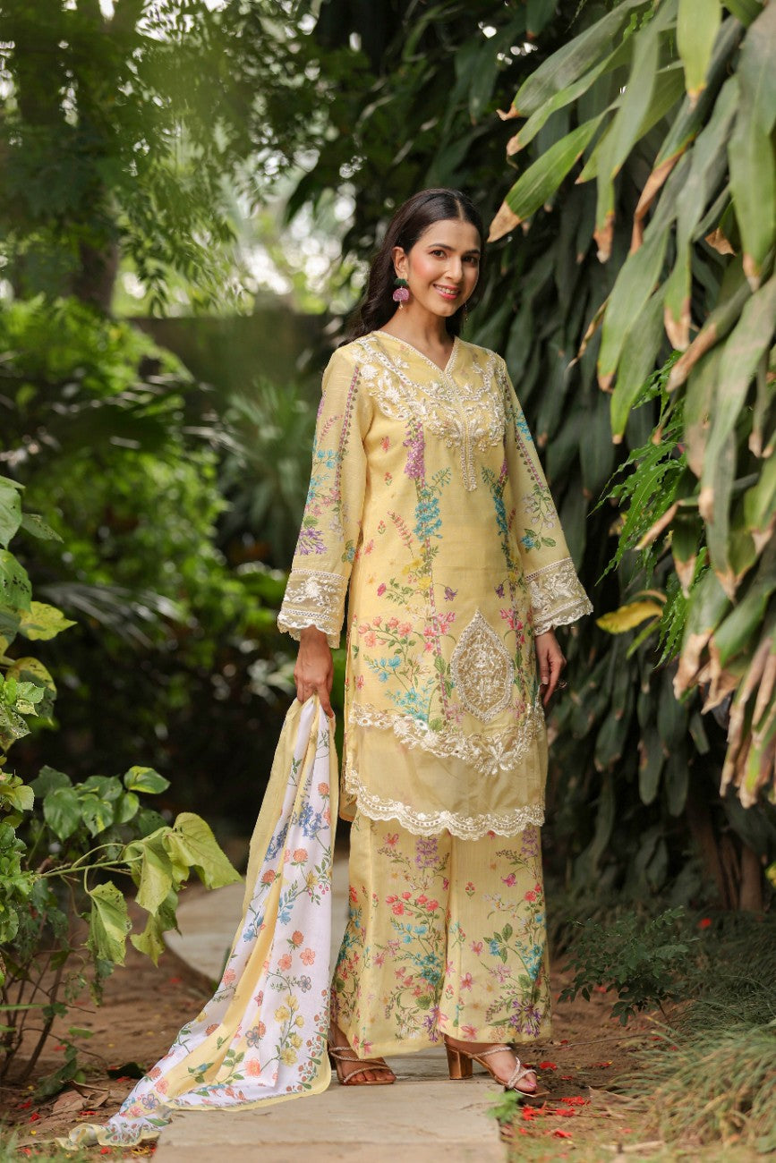 Sunshine Yellow Embroidered Floral Suit With Silk Palazzo