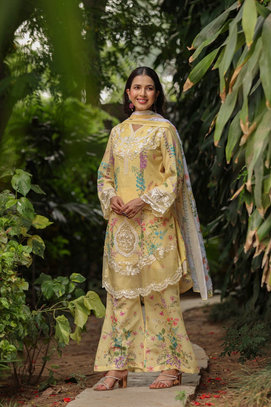 Sunshine Yellow Embroidered Floral Suit With Silk Palazzo