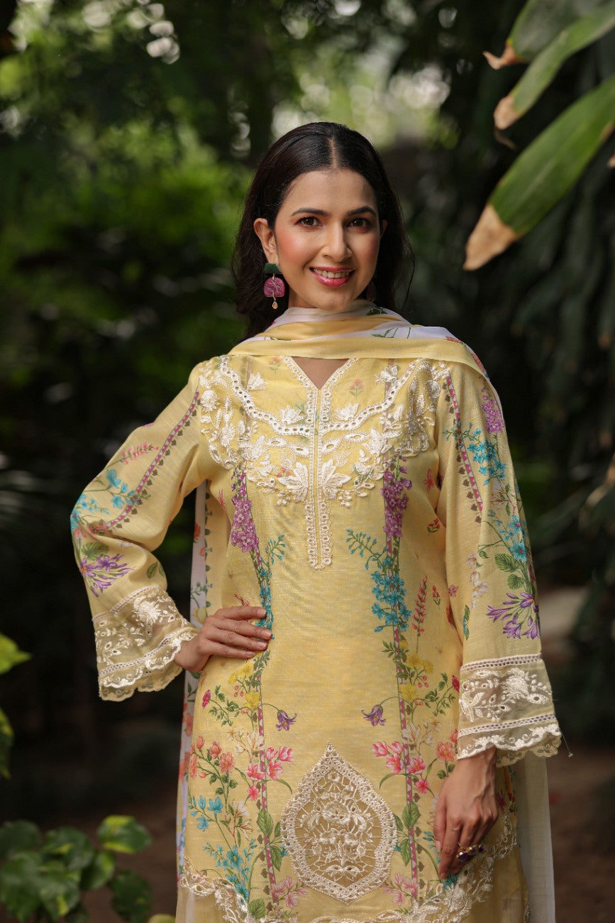 Sunshine Yellow Embroidered Floral Suit With Silk Palazzo