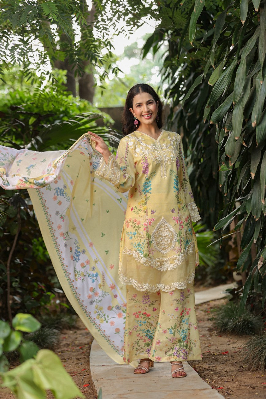 Sunshine Yellow Embroidered Floral Suit With Silk Palazzo
