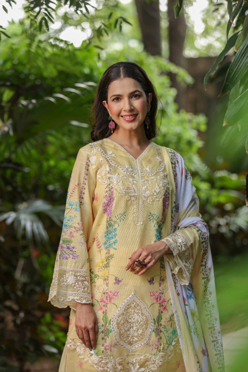 Sunshine Yellow Embroidered Floral Suit With Silk Palazzo