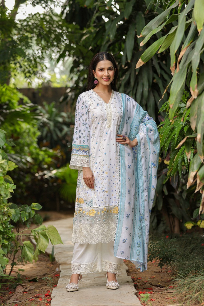 Off White Floral Embroidered Silk Suit Dupatta Set