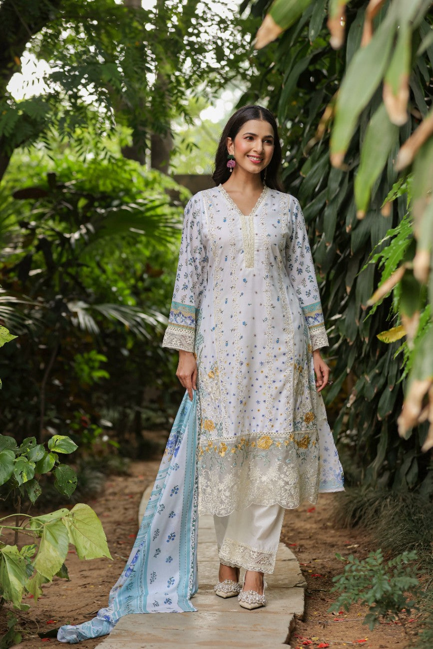 Off White Floral Embroidered Silk Suit Dupatta Set