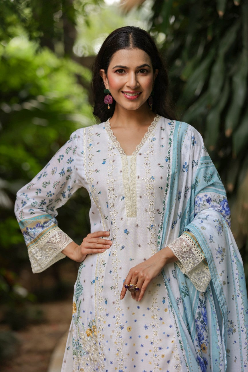 Off White Floral Embroidered Silk Suit Dupatta Set