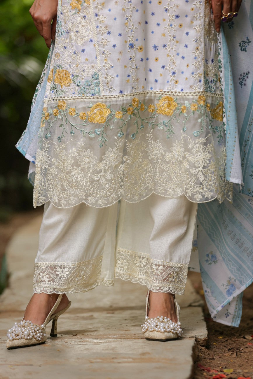 Off White Floral Embroidered Silk Suit Dupatta Set