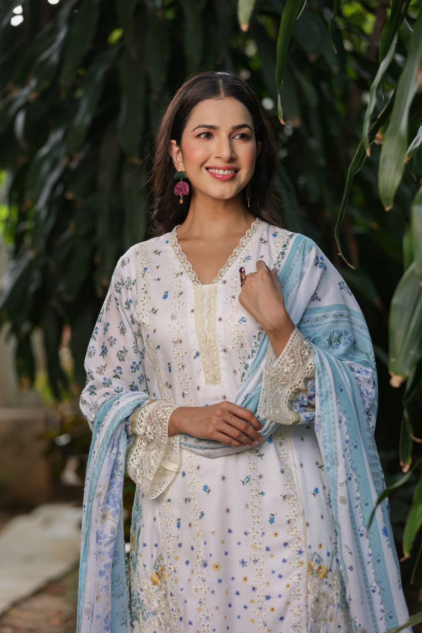 Off White Floral Embroidered Silk Suit Dupatta Set