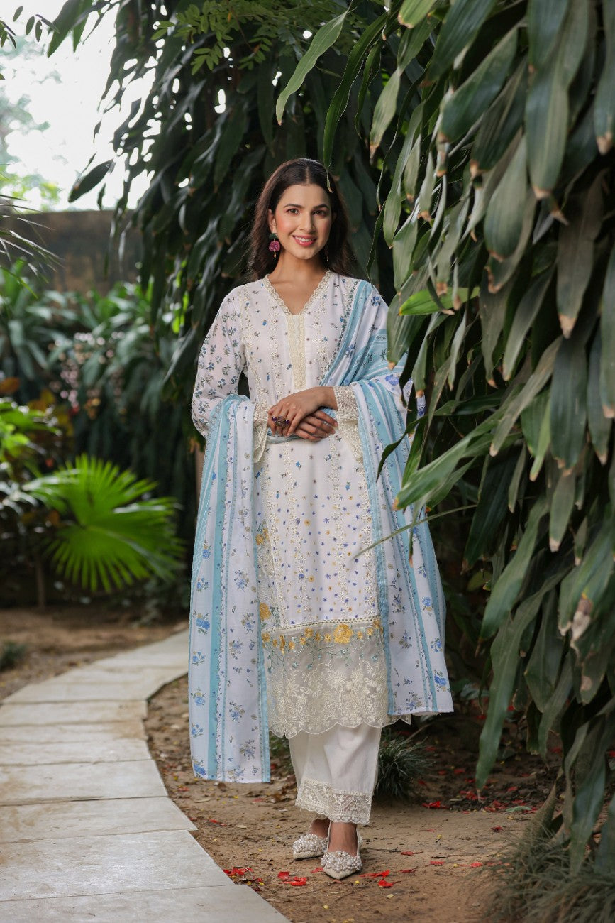 Off White Floral Embroidered Silk Suit Dupatta Set