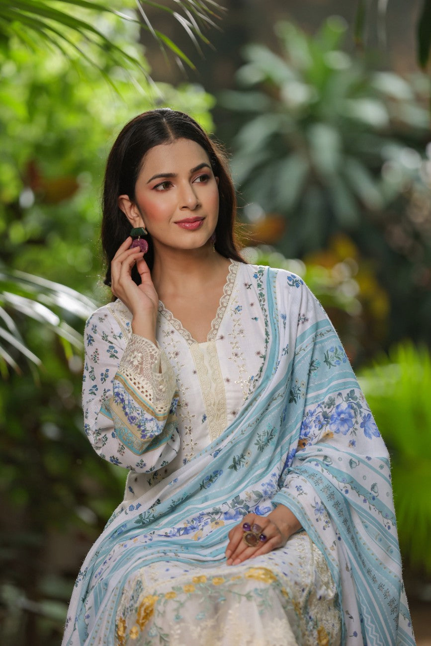Off White Floral Embroidered Silk Suit Dupatta Set
