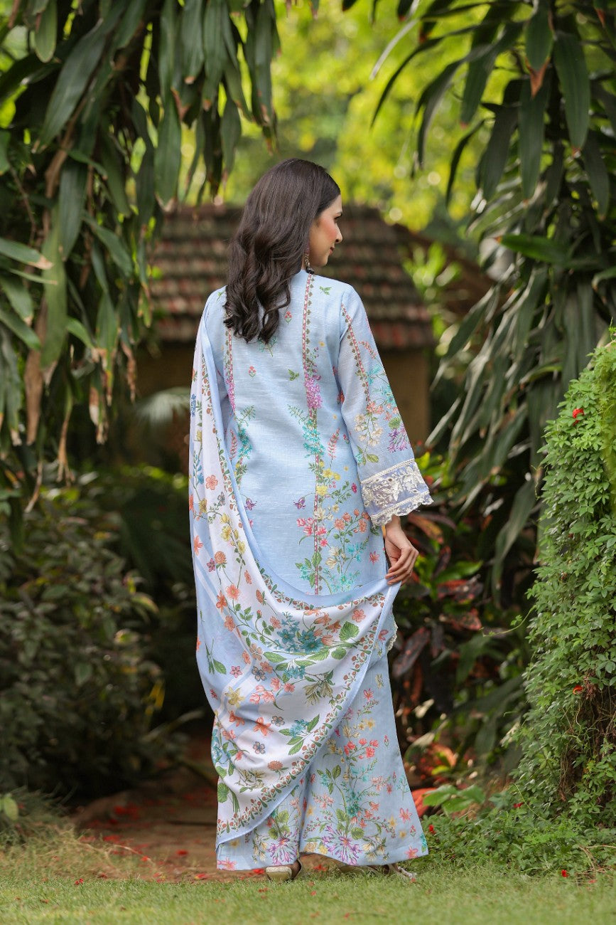 Powder Blue Floral Printed Silk Suit With Dupatta