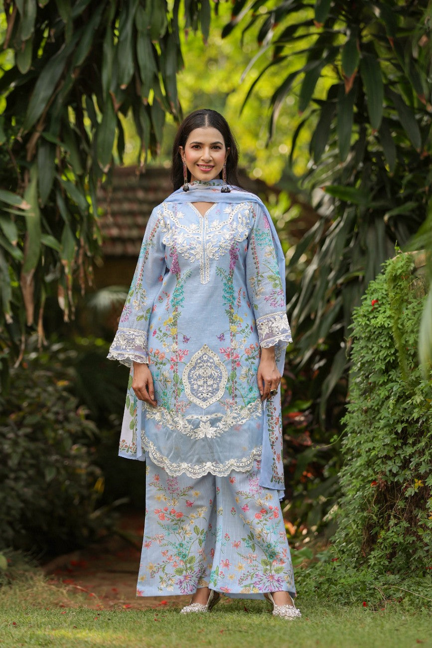 Powder Blue Floral Printed Silk Suit With Dupatta