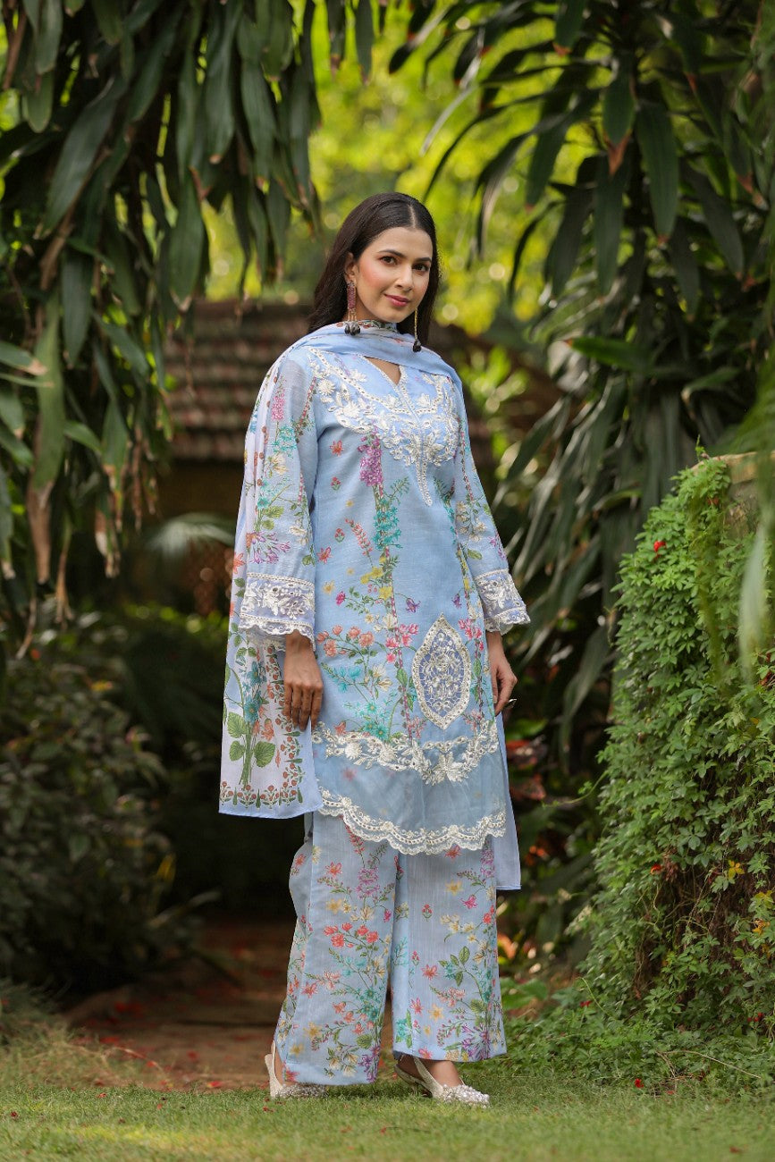 Powder Blue Floral Printed Silk Suit With Dupatta