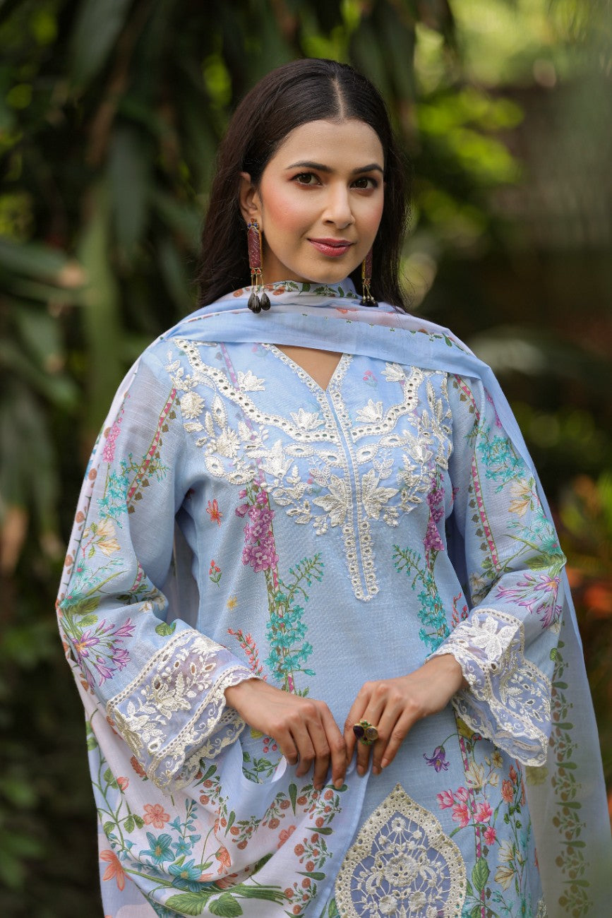 Powder Blue Floral Printed Silk Suit With Dupatta