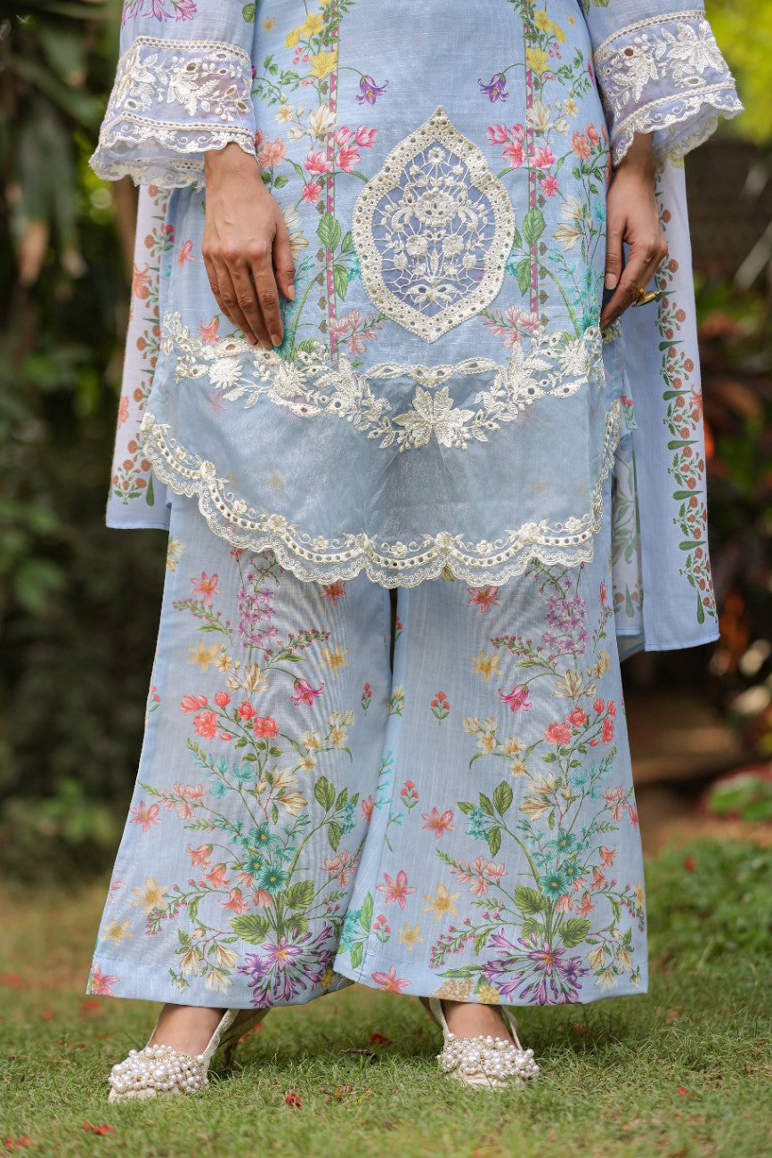 Powder Blue Floral Printed Silk Suit With Dupatta