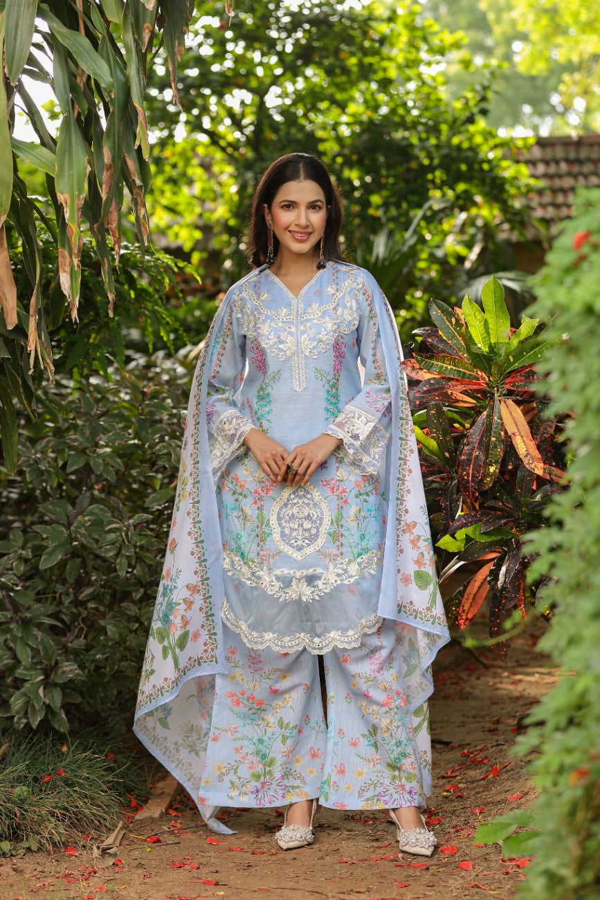 Powder Blue Floral Printed Silk Suit With Dupatta