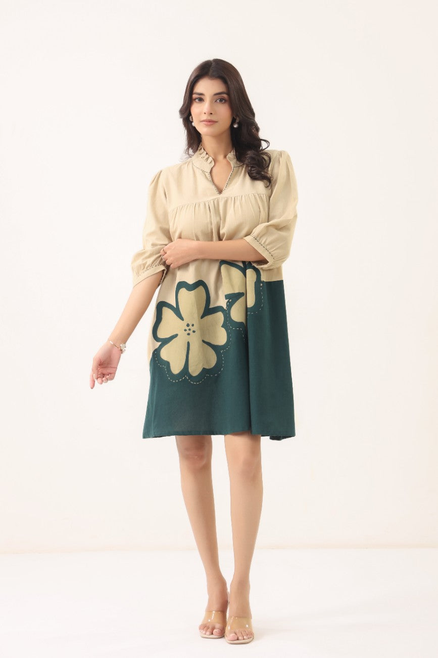 Women Beige & Teal Floral Printed A-Line Tunic Dress with 3/4 Sleeves