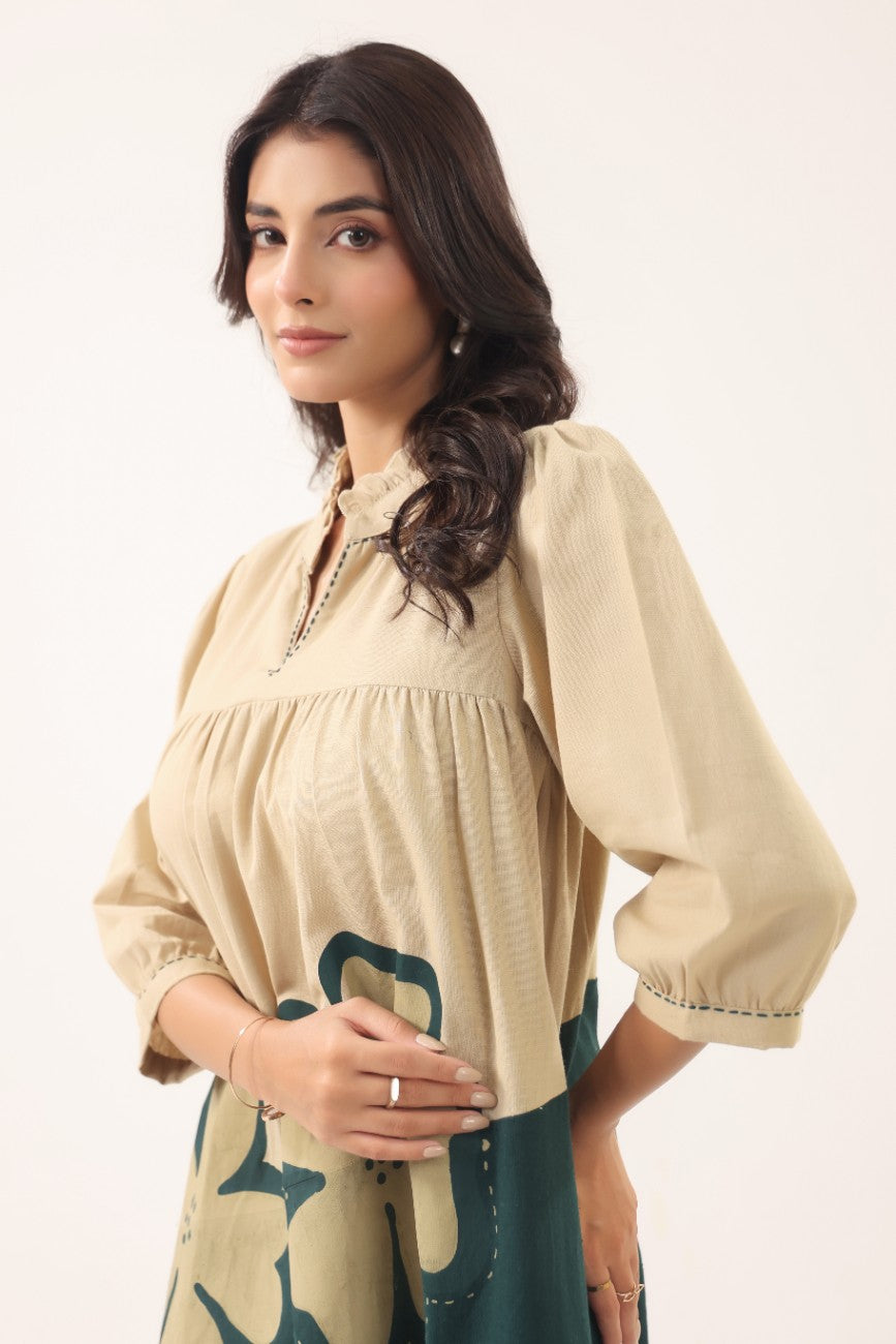 Women Beige & Teal Floral Printed A-Line Tunic Dress with 3/4 Sleeves