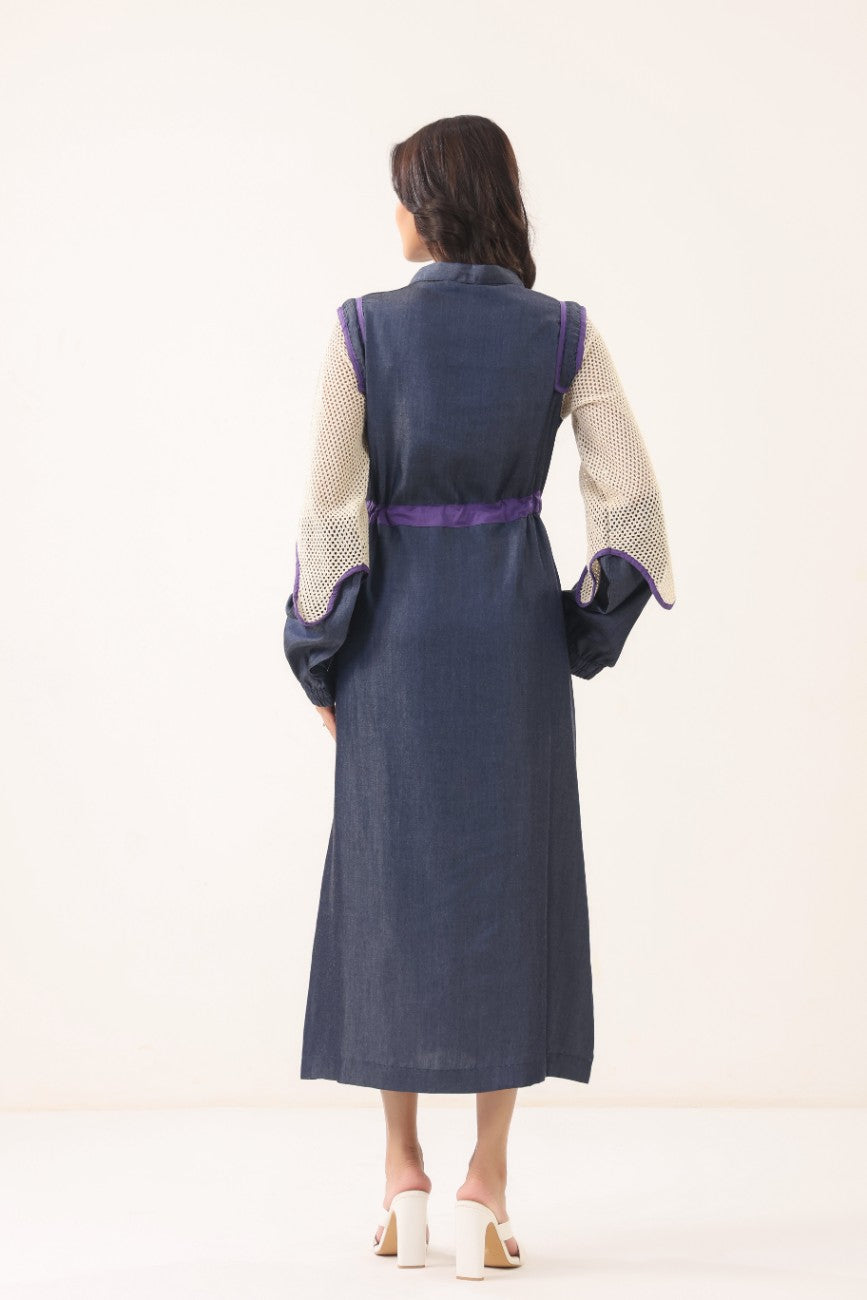 Women Navy Blue & Beige Contrast Panelled Longline Shirt Dress with Full Sleeves