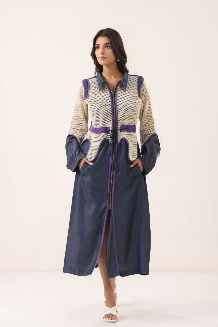 Women Navy Blue & Beige Contrast Panelled Longline Shirt Dress with Full Sleeves