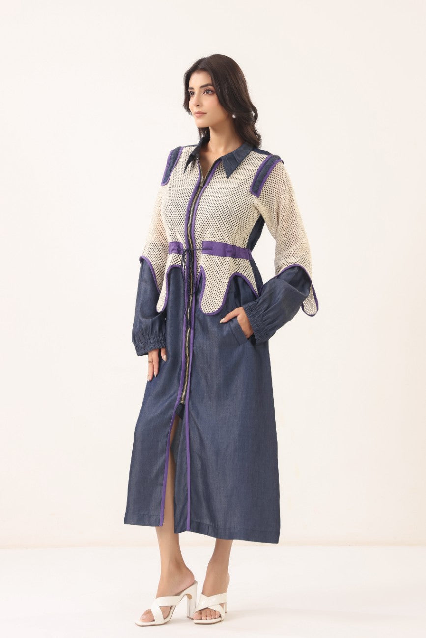 Women Navy Blue & Beige Contrast Panelled Longline Shirt Dress with Full Sleeves