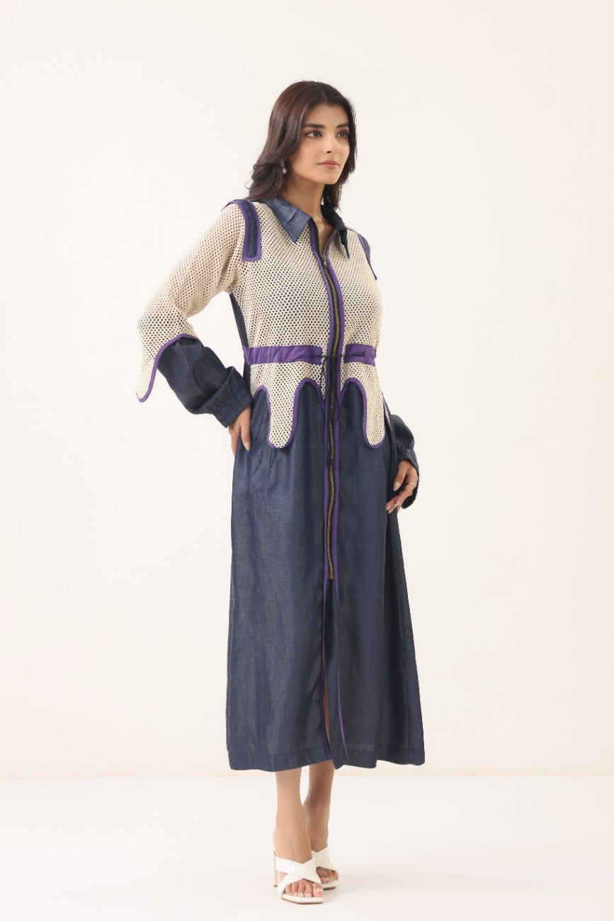 Women Navy Blue & Beige Contrast Panelled Longline Shirt Dress with Full Sleeves