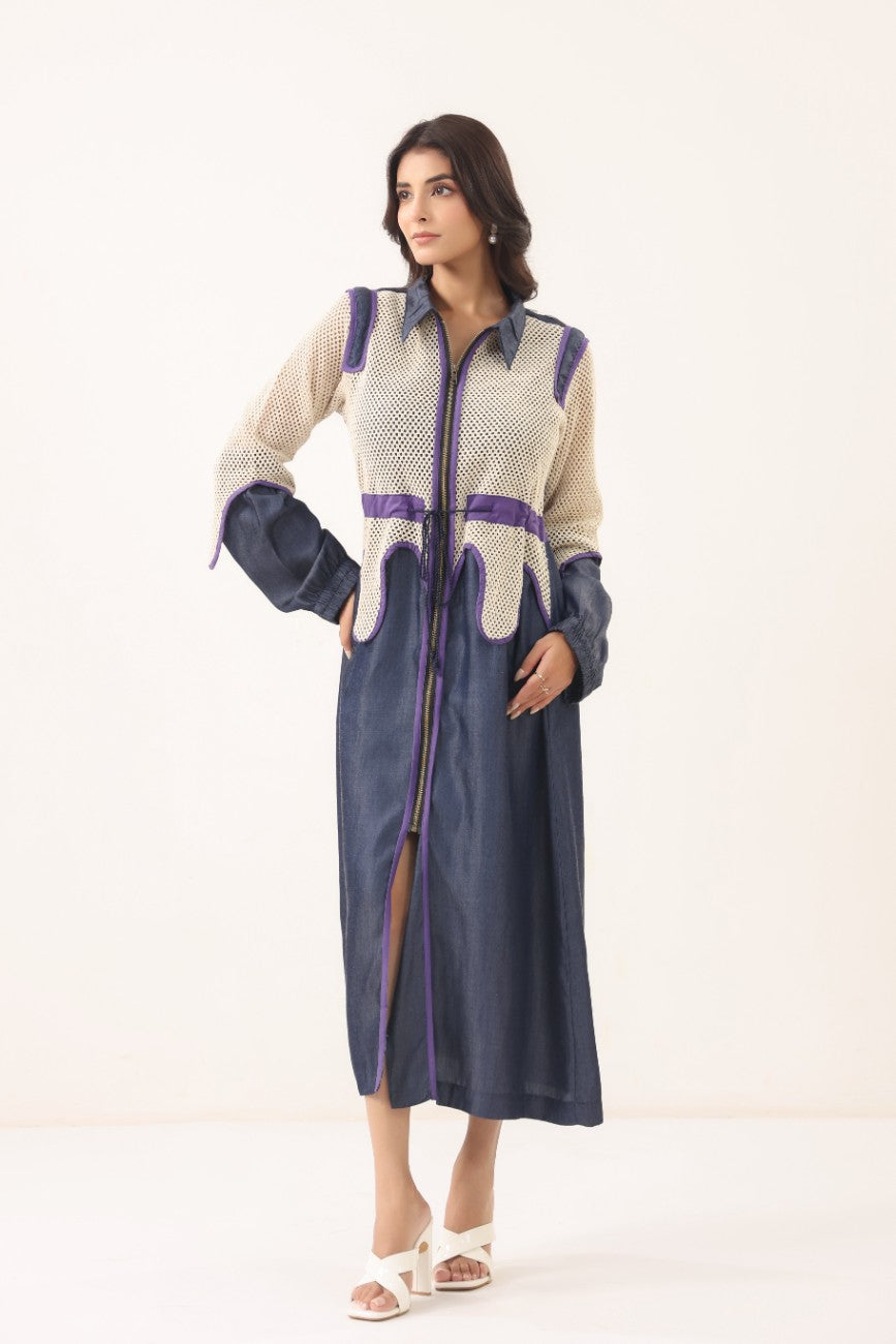 Women Navy Blue & Beige Contrast Panelled Longline Shirt Dress with Full Sleeves