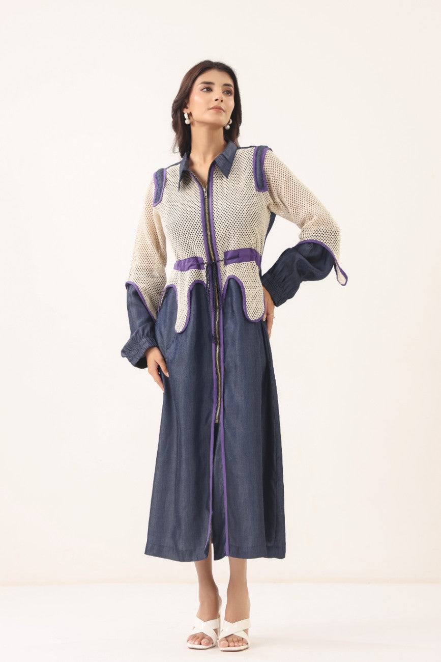 Women Navy Blue & Beige Contrast Panelled Longline Shirt Dress with Full Sleeves