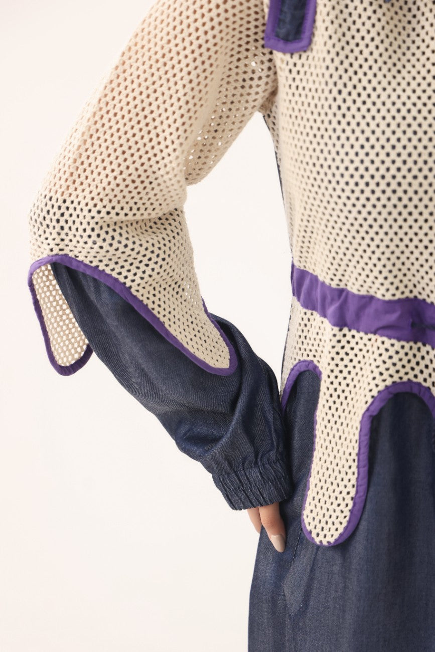 Women Navy Blue & Beige Contrast Panelled Longline Shirt Dress with Full Sleeves
