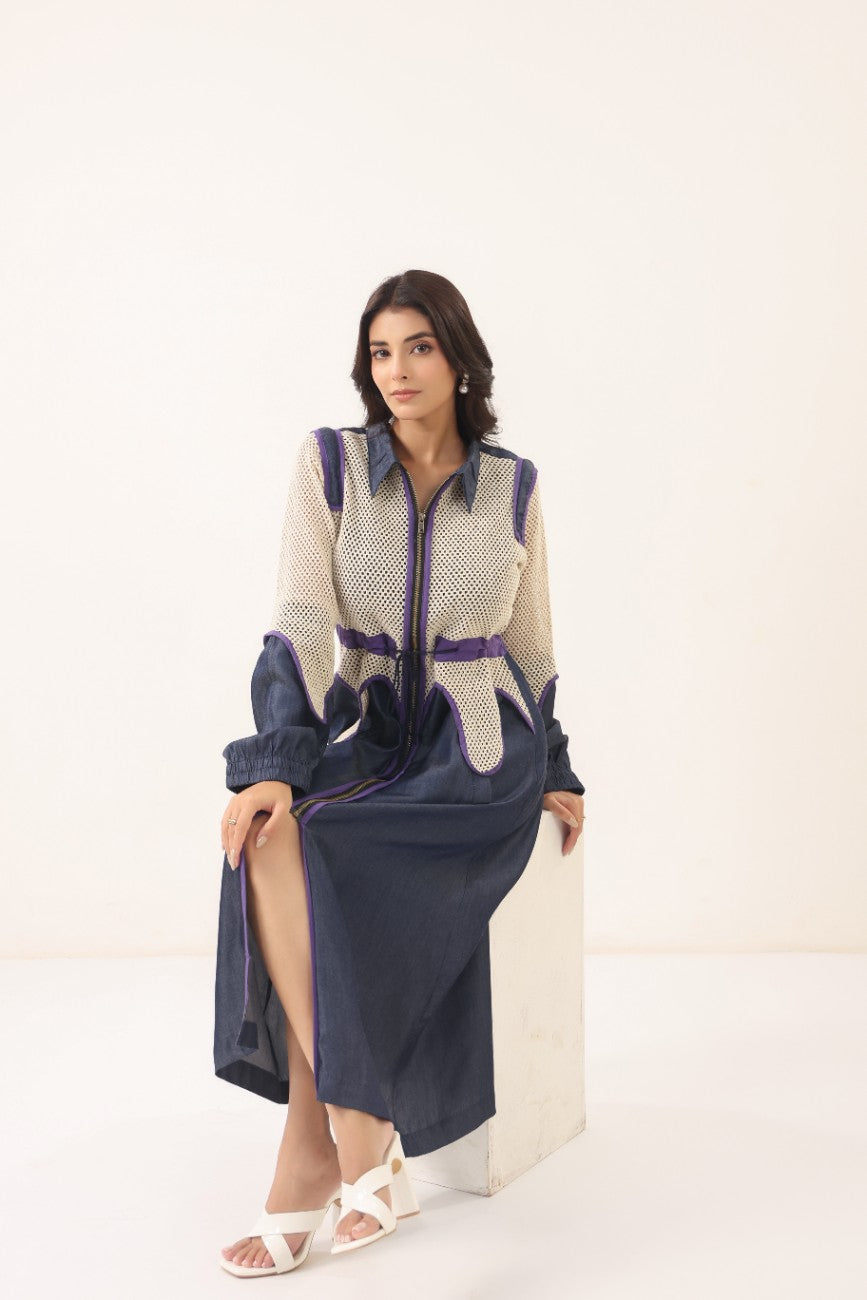 Women Navy Blue & Beige Contrast Panelled Longline Shirt Dress with Full Sleeves