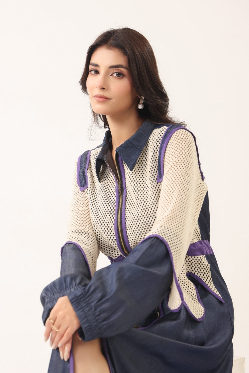 Women Navy Blue & Beige Contrast Panelled Longline Shirt Dress with Full Sleeves