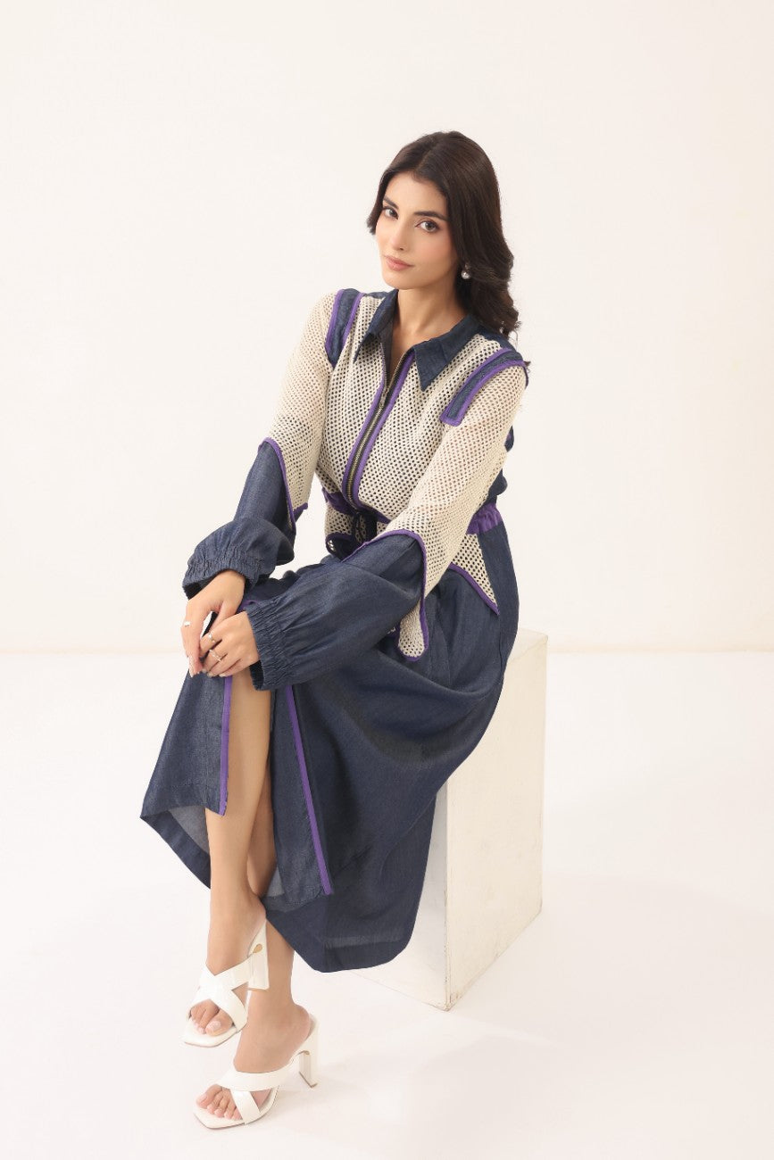 Women Navy Blue & Beige Contrast Panelled Longline Shirt Dress with Full Sleeves