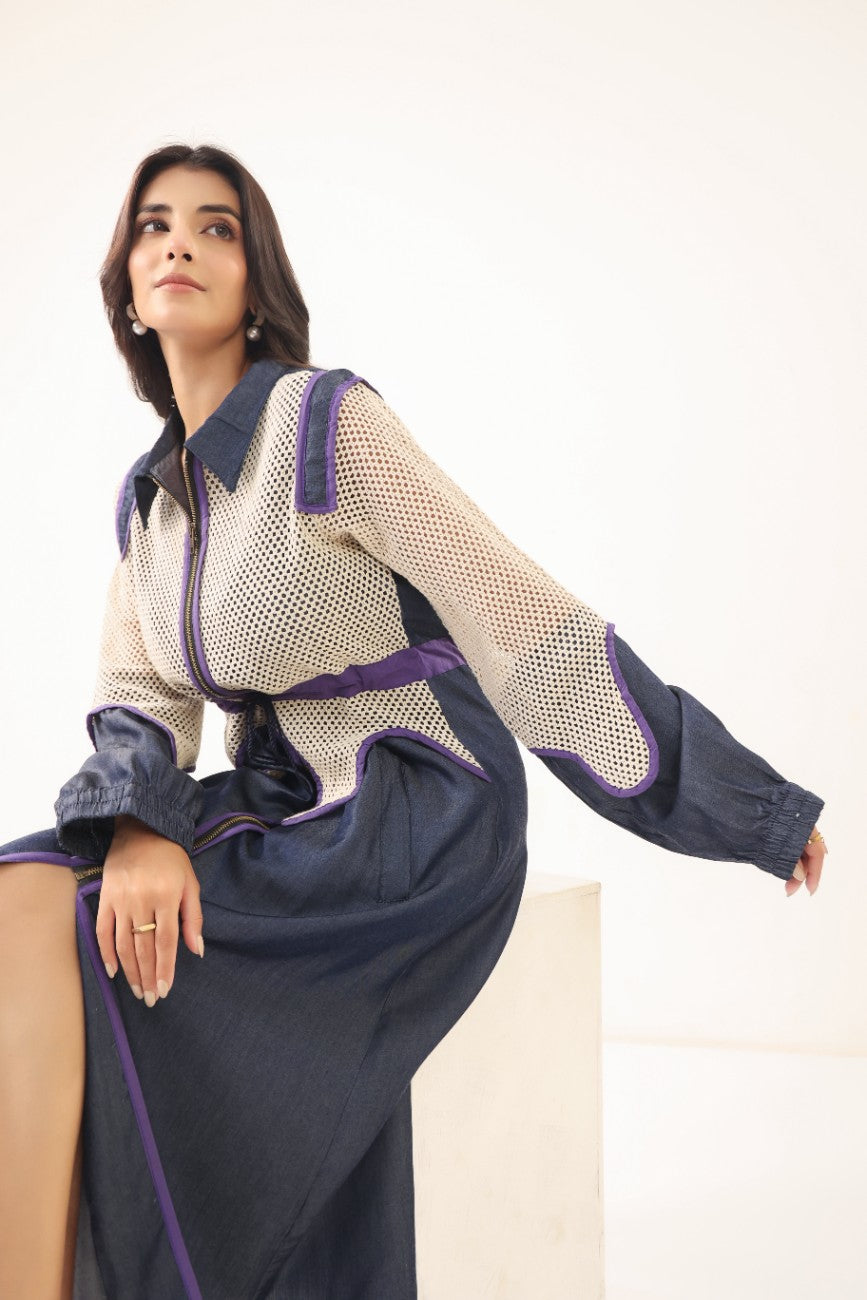 Women Navy Blue & Beige Contrast Panelled Longline Shirt Dress with Full Sleeves