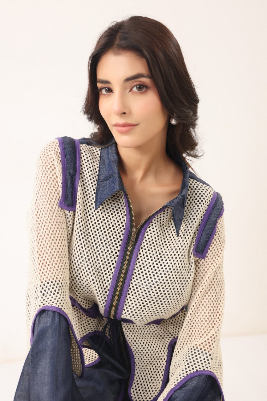 Women Navy Blue & Beige Contrast Panelled Longline Shirt Dress with Full Sleeves
