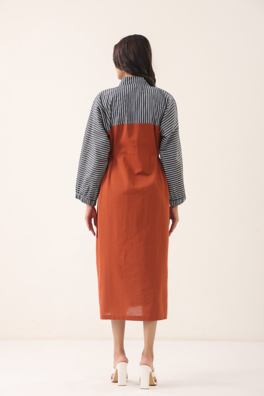 Women Rust Orange & Striped Panelled Midi Dress with Full Sleeves