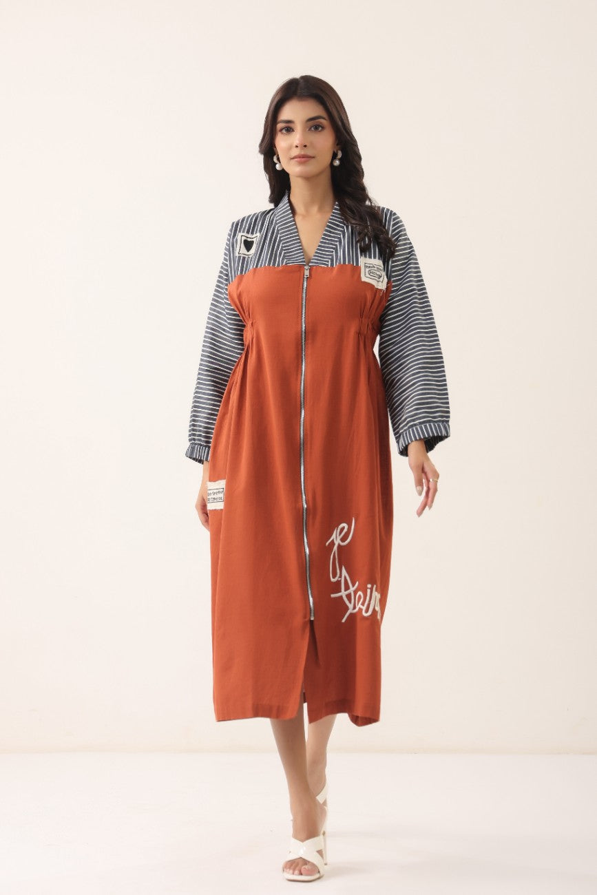 Women Rust Orange & Striped Panelled Midi Dress with Full Sleeves