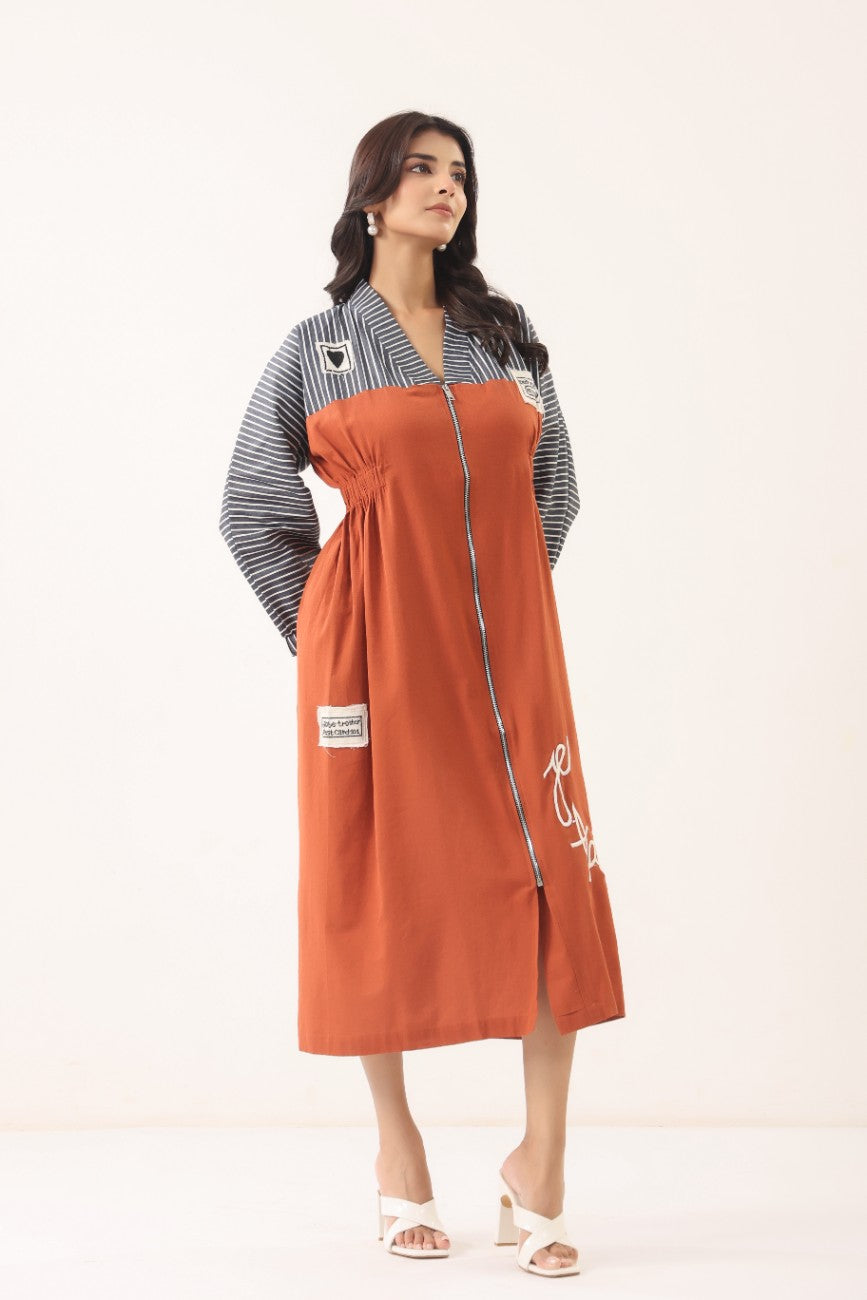 Women Rust Orange & Striped Panelled Midi Dress with Full Sleeves