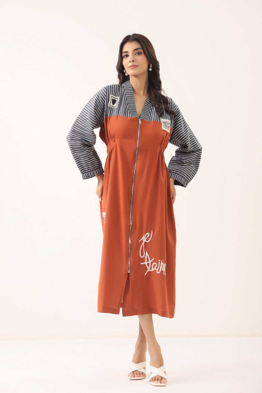 Women Rust Orange & Striped Panelled Midi Dress with Full Sleeves