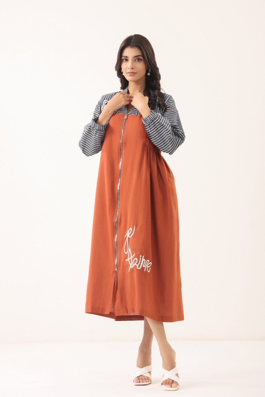 Women Rust Orange & Striped Panelled Midi Dress with Full Sleeves